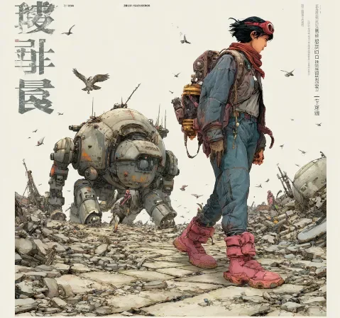 治愈题材漫画插图，夕阳下的安静庭院